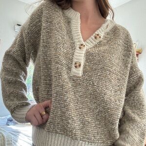 Free People Cream and Brown V-Neck Sweater